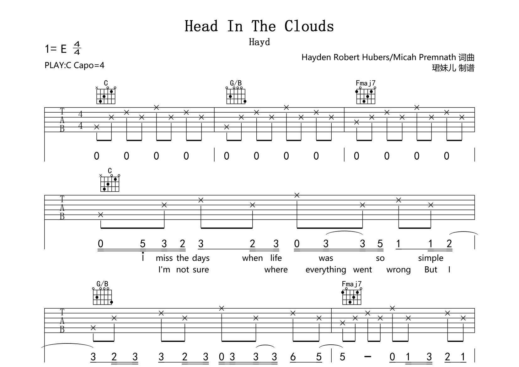 HaydHead In The CloudsC调吉他六线谱-珺妹儿编配