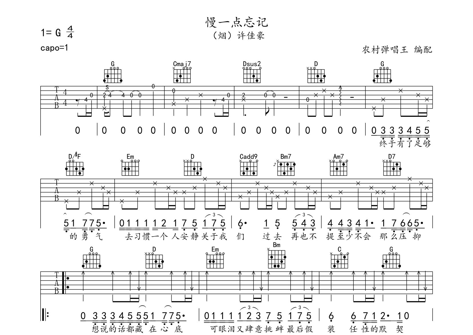 许佳豪慢一点忘记G调吉他六线谱-农村弹唱王编配