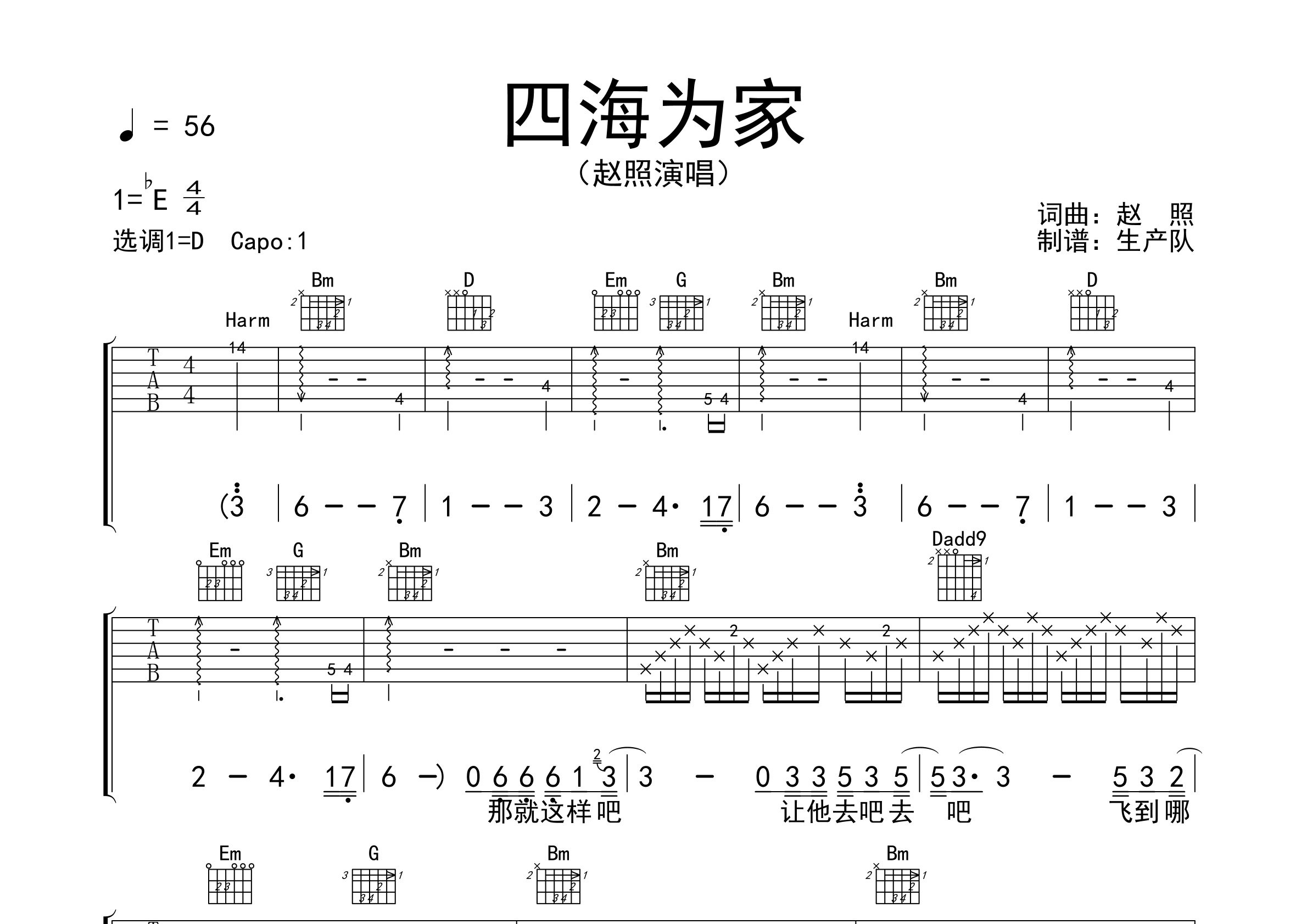 赵照四海为家D调吉他六线谱-生产队编配