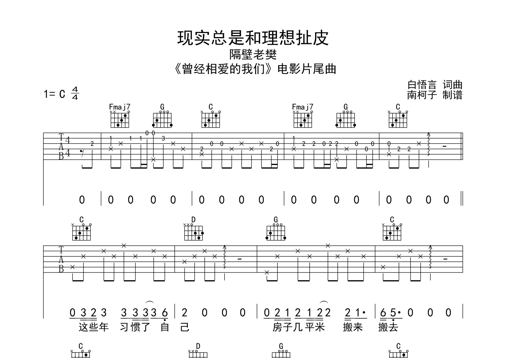 隔壁老樊现实总是和理想扯皮C调吉他六线谱-南柯子编配