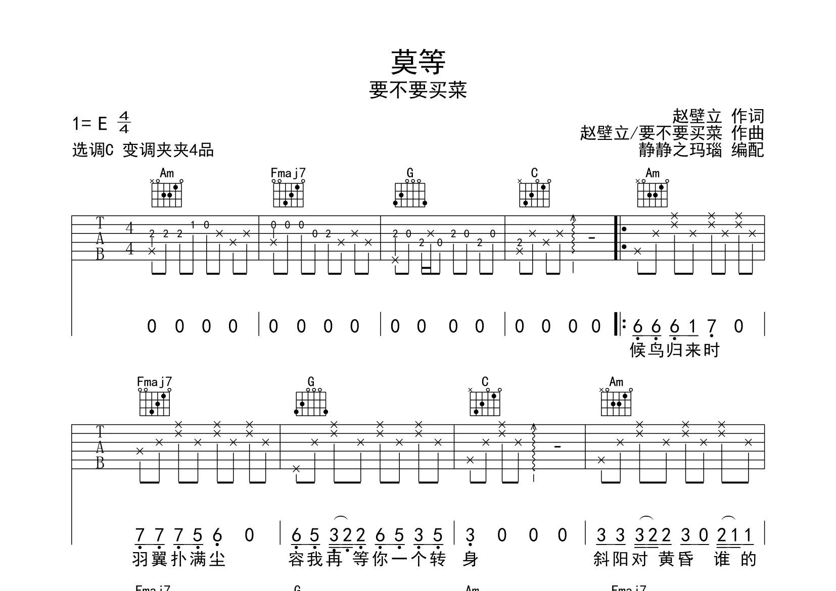 要不要买菜莫等C调吉他六线谱-静静之玛瑙编配