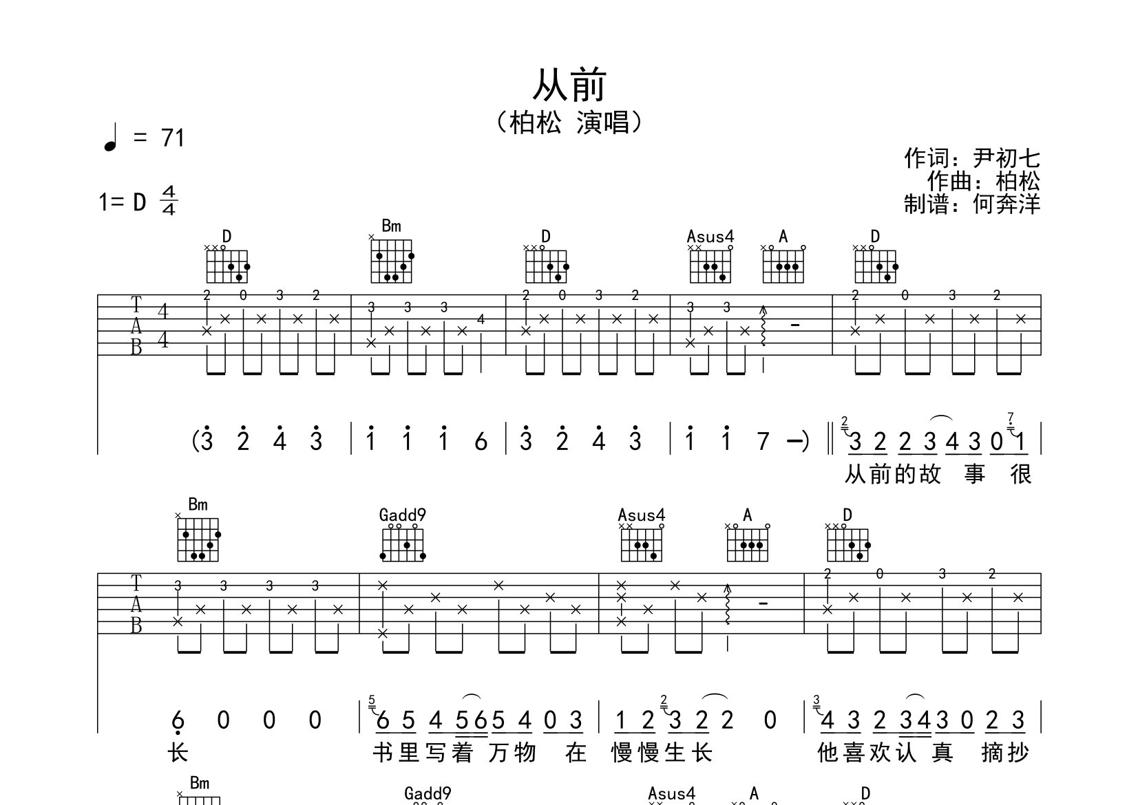 柏松从前D调吉他六线谱-飞韵吉他编配