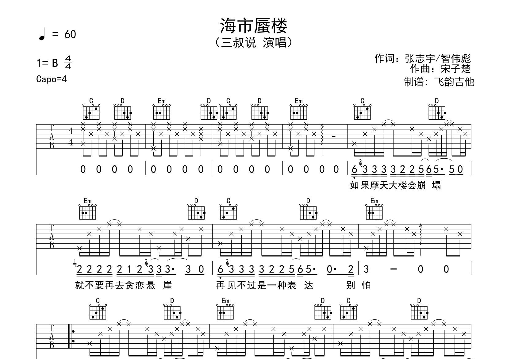 三叔说海市蜃楼G调吉他六线谱-飞韵吉他编配