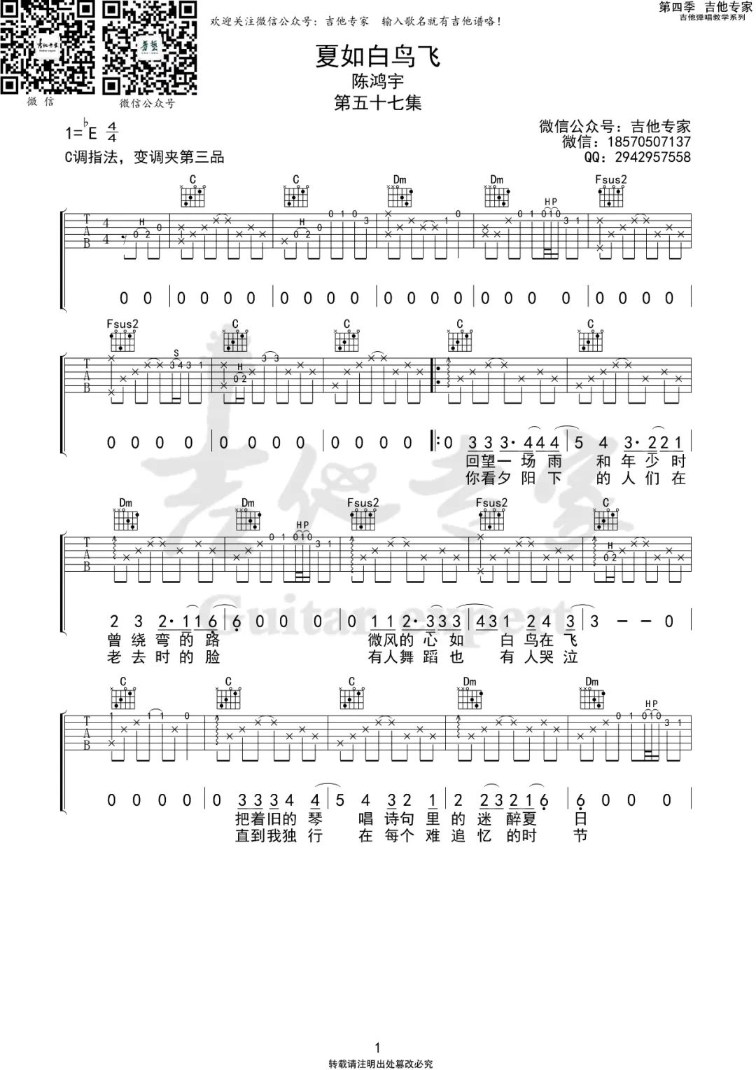 夏如白鸟飞吉他谱1